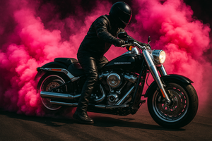 SHOW A HARLEY DAVIDSON FATBOY DOING A BURNOUT WITH HOT PINK SMOKE